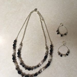 White House Black Market Black, Silver & Pearl Double Strand Necklace & Earrings